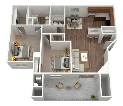 3D rendering of a 2 bed 2 bath apartment